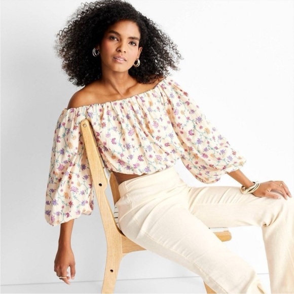 Future Collective Cream Floral Off Shoulder Puff Sleeve Crop Top Blouse - Picture 1 of 12